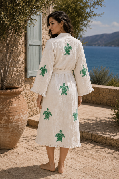 Turtle-Design Hand-Printed Cotton Kimono